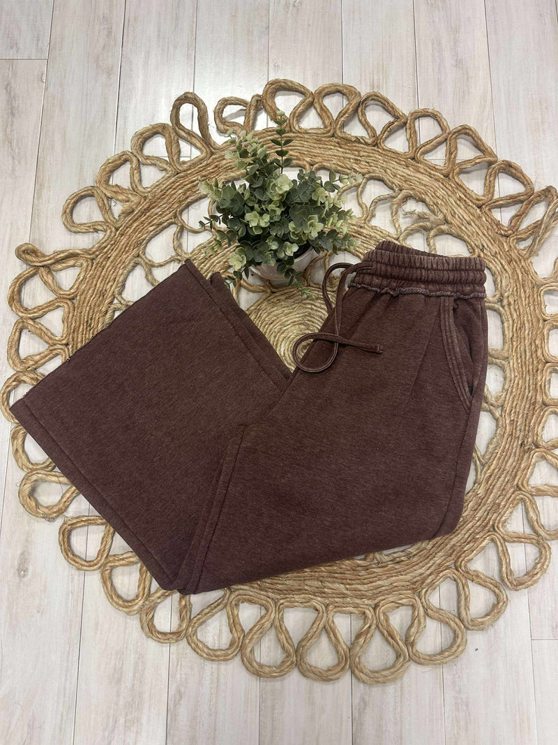 Zenana Acid Wash Fleece Drawstring Pants Dark Brown