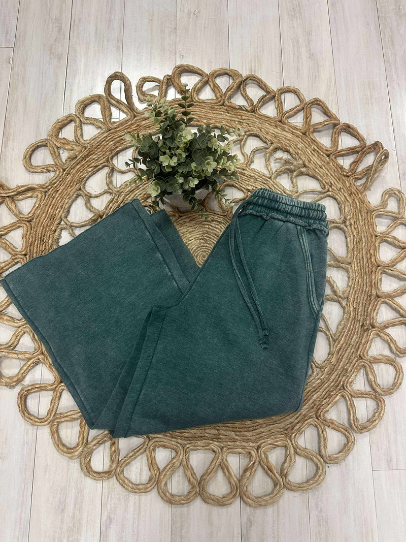 Zenana Acid Wash Fleece Drawstring Pants Dark Green