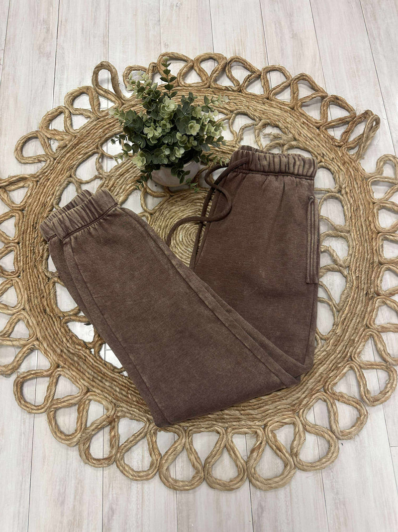 Zenana Acid Wash Fleece Jogger Pants with Pockets Mocha Brown