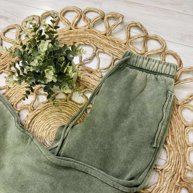 Zenana Acid Wash Fleece Jogger Pants with Pockets Olive