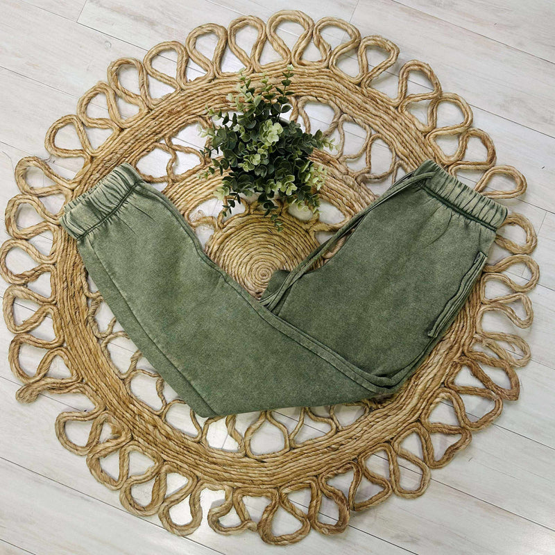 Zenana Acid Wash Fleece Jogger Pants with Pockets Olive