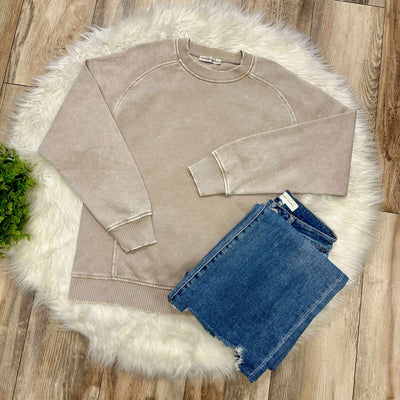 Zenana Basic Acid Wash Fleece Pullover Sweater with Side Ribbed Ash Mocha