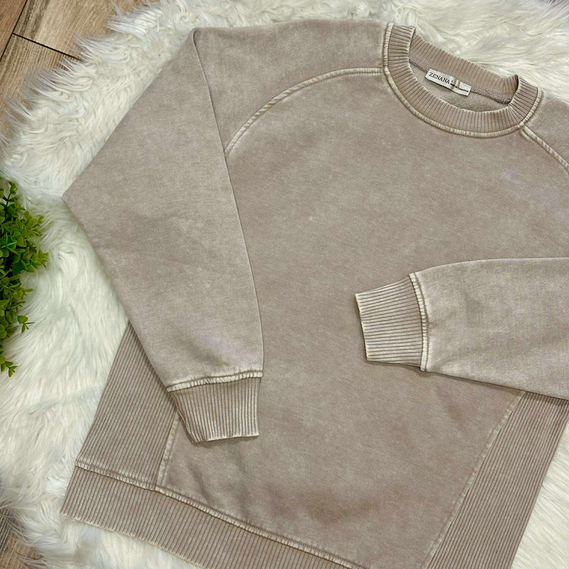 Zenana Basic Acid Wash Fleece Pullover Sweater with Side Ribbed Ash Mocha