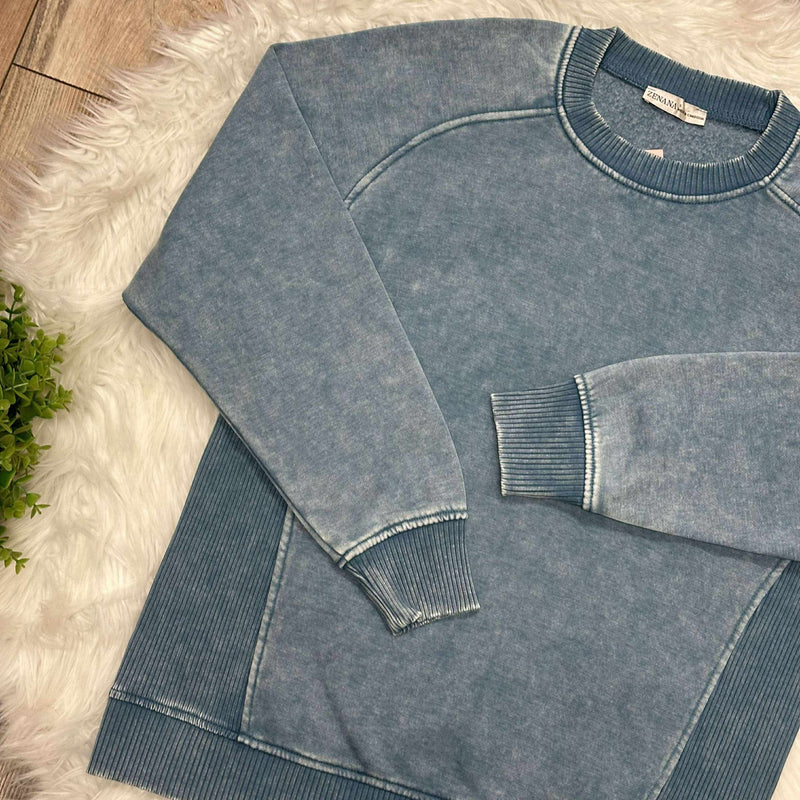 Zenana Basic Acid Wash Fleece Pullover Sweater with Side Ribbed Blue Grey