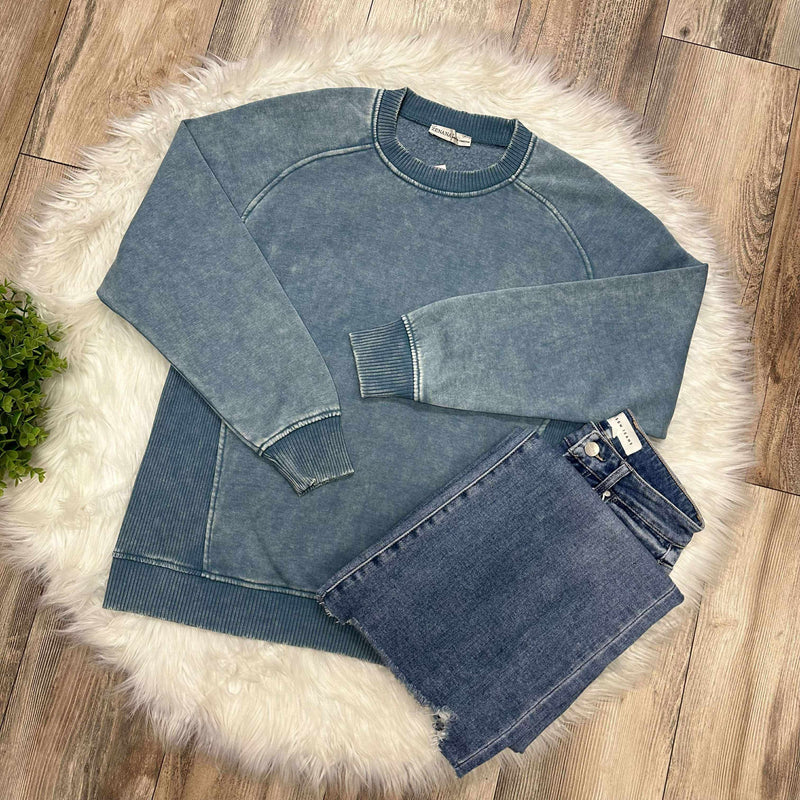 Zenana Basic Acid Wash Fleece Pullover Sweater with Side Ribbed Blue Grey