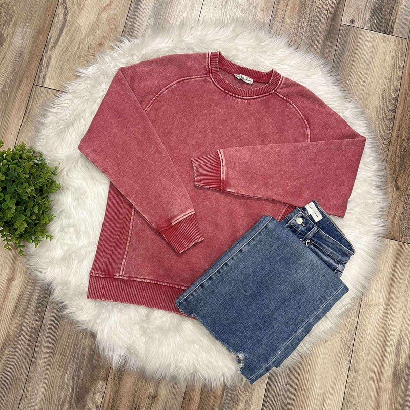 Zenana Basic Acid Wash Fleece Pullover Sweater with Side Ribbed Dark Red