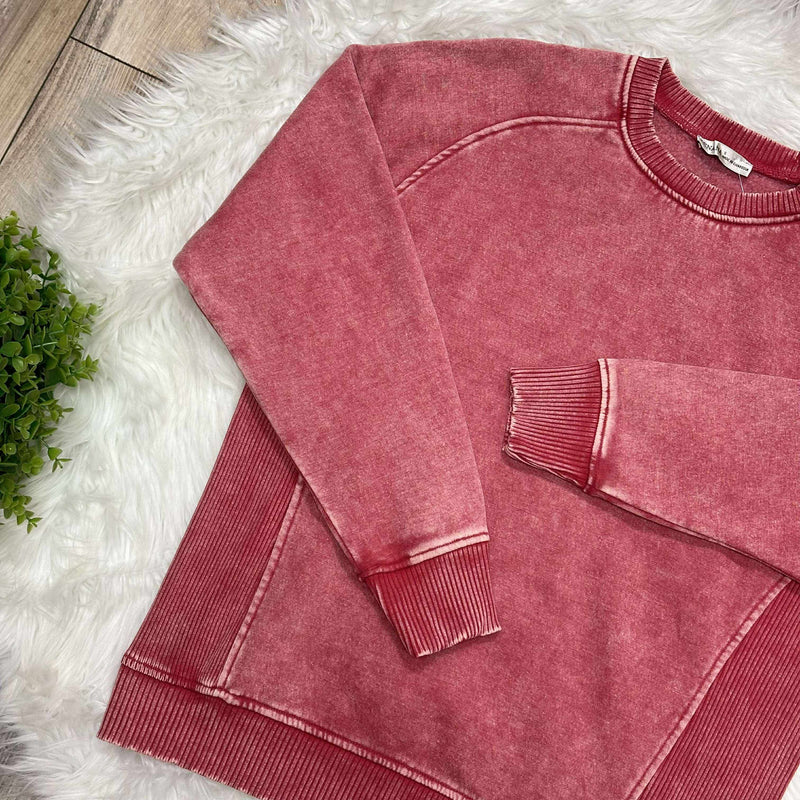 Zenana Basic Acid Wash Fleece Pullover Sweater with Side Ribbed Dark Red