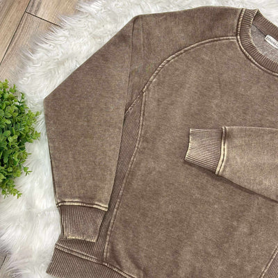 Zenana Basic Acid Wash Fleece Pullover Sweater with Side Ribbed Mocha