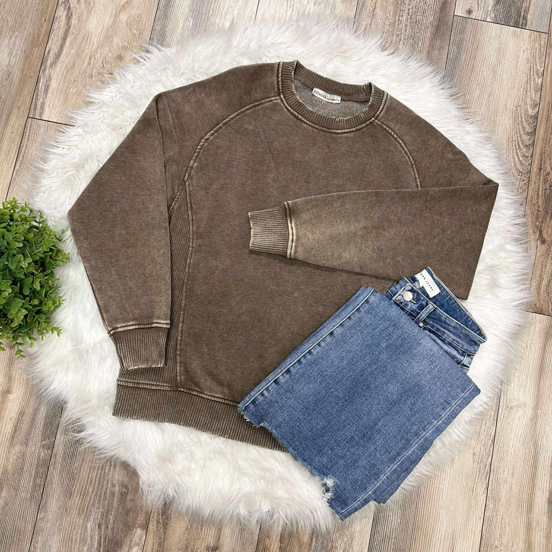 Zenana Basic Acid Wash Fleece Pullover Sweater with Side Ribbed Mocha