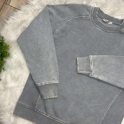 Zenana Basic Acid Wash Fleece Pullover Sweater with Side Ribbed Sleet Grey