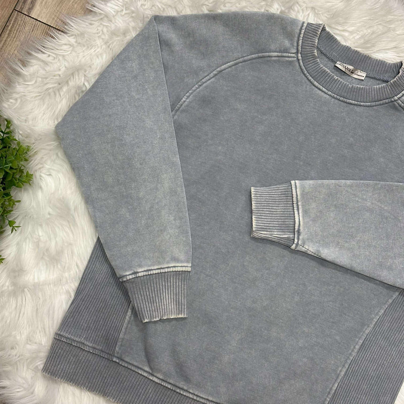 Zenana Basic Acid Wash Fleece Pullover Sweater with Side Ribbed Sleet Grey