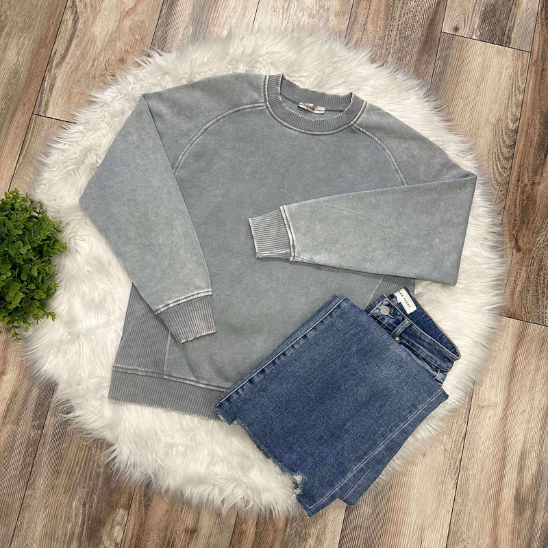 Zenana Basic Acid Wash Fleece Pullover Sweater with Side Ribbed Sleet Grey