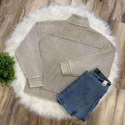 Zenana Basic Acid Wash Half Snap Pullover Sweater Ash Mocha