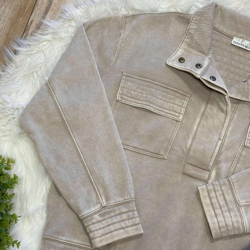 Zenana Basic Acid Wash Half Snap Pullover Sweater Ash Mocha