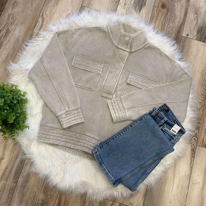 Zenana Basic Acid Wash Half Snap Pullover Sweater Ash Mocha