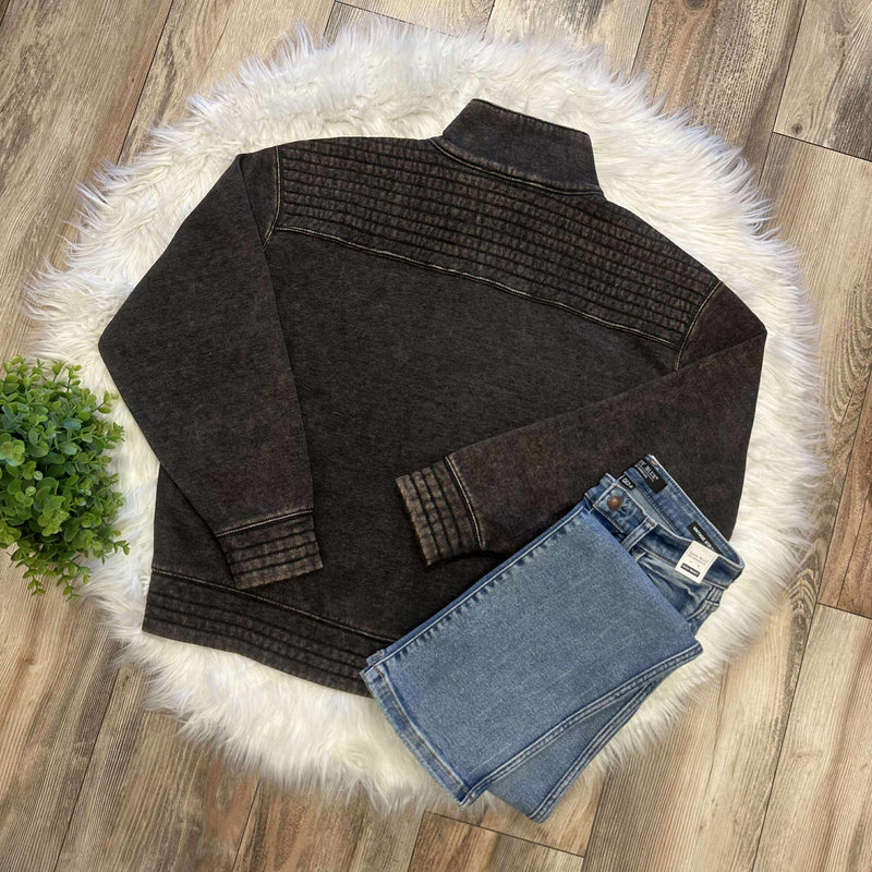 Zenana Basic Acid Wash Half Snap Pullover Sweater Black