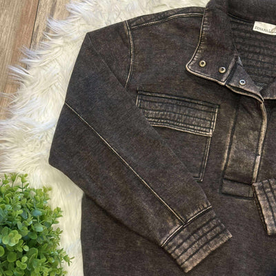 Zenana Basic Acid Wash Half Snap Pullover Sweater Black