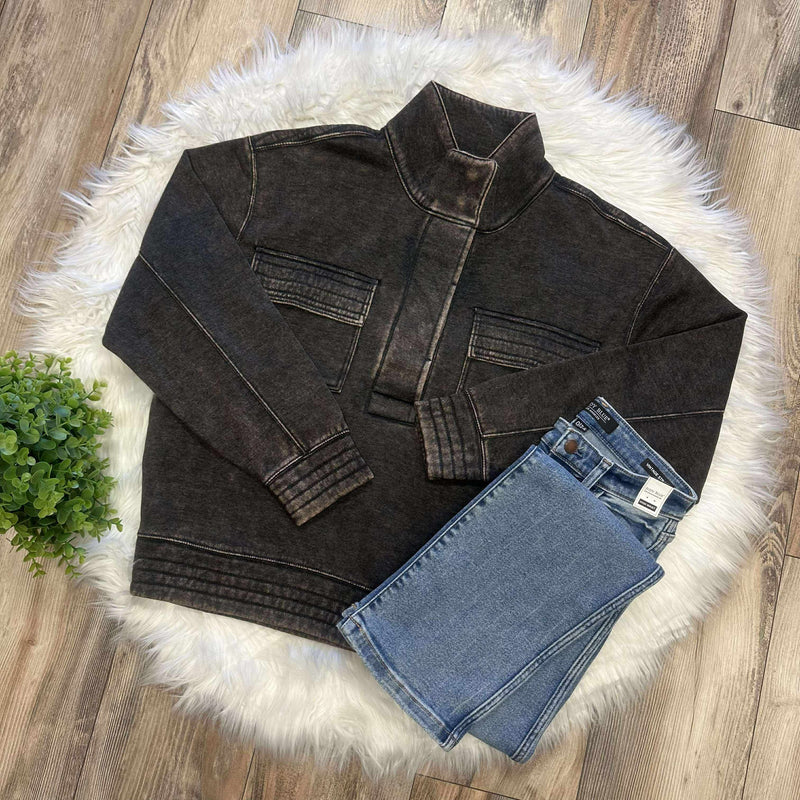 Zenana Basic Acid Wash Half Snap Pullover Sweater Black