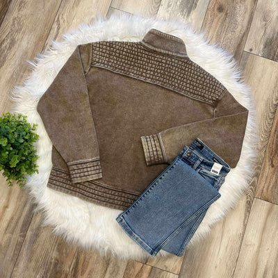 Zenana Basic Acid Wash Half Snap Pullover Sweater Mocha
