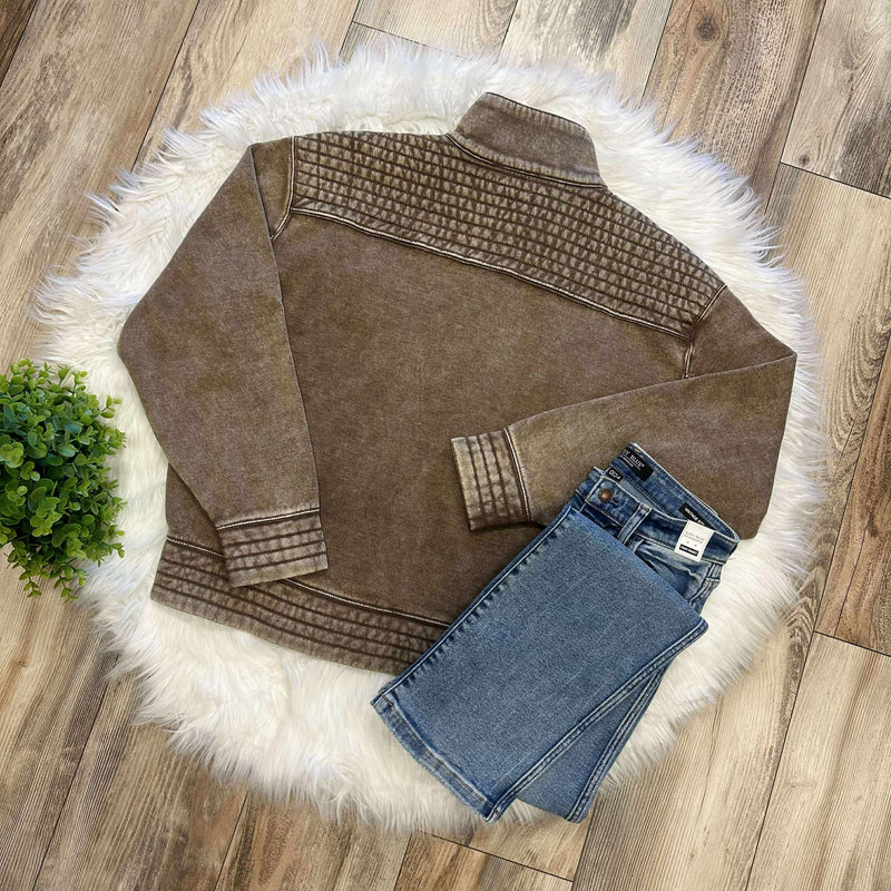 Zenana Basic Acid Wash Half Snap Pullover Sweater Mocha