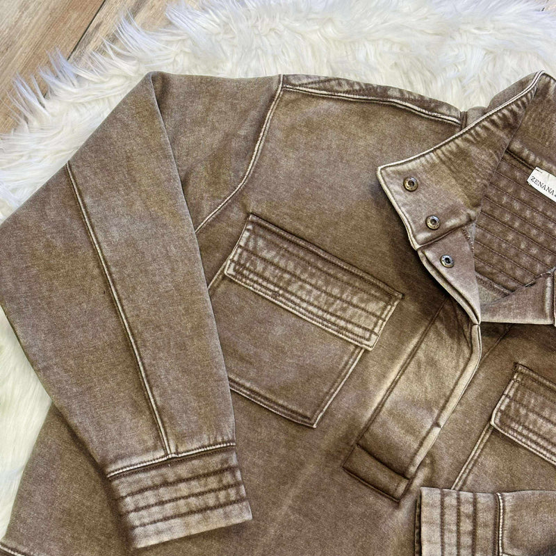 Zenana Basic Acid Wash Half Snap Pullover Sweater Mocha