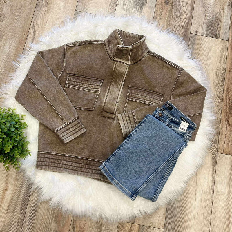 Zenana Basic Acid Wash Half Snap Pullover Sweater Mocha