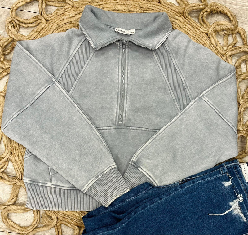 Zenana Basic Acid Wash Mocha Half Zip Fleece Sweater Light Grey