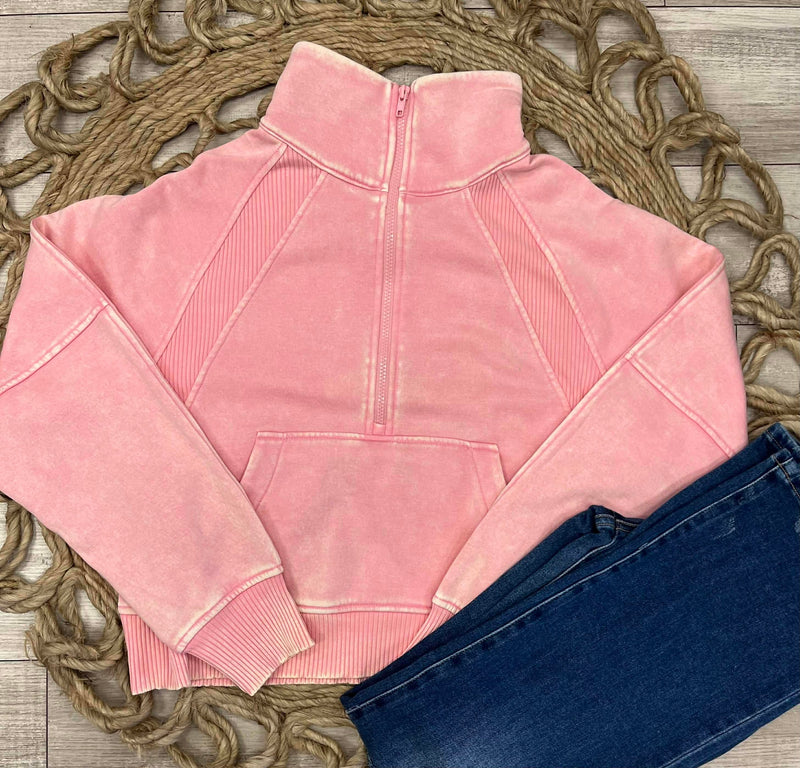 Zenana Basic Acid Wash Mocha Half Zip Fleece Sweater Light Pink