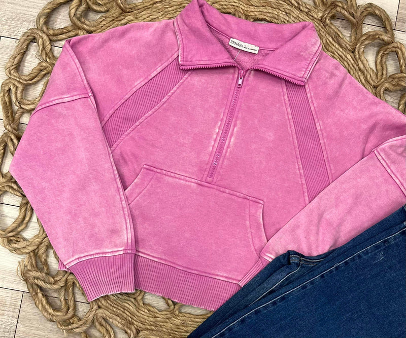 Zenana Basic Acid Wash Mocha Half Zip Fleece Sweater Mauve
