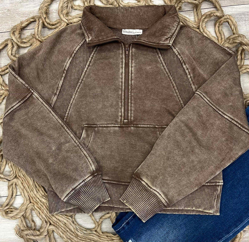 Zenana Basic Acid Wash Mocha Half Zip Fleece Sweater Mocha
