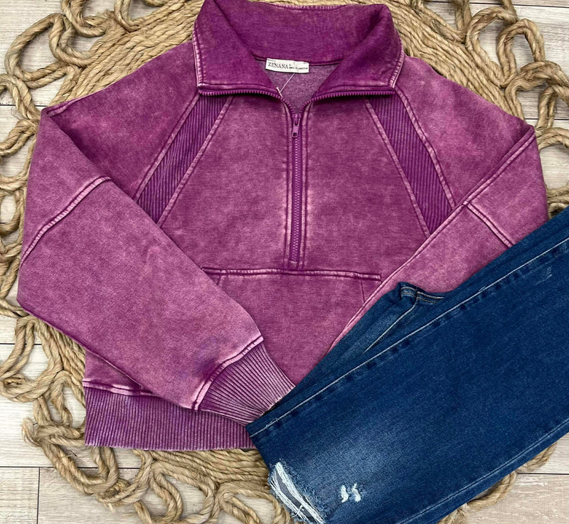 Zenana Basic Acid Wash Mocha Half Zip Fleece Sweater Plum