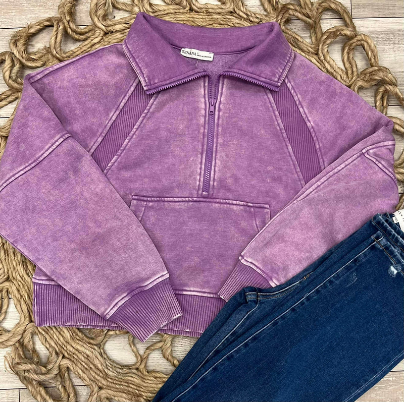 Zenana Basic Acid Wash Mocha Half Zip Fleece Sweater Violet