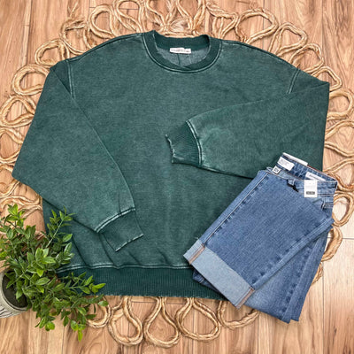 Zenana Basic Acid Wash Oversized Fleece Pullover Sweater Dark Green Sweater Top