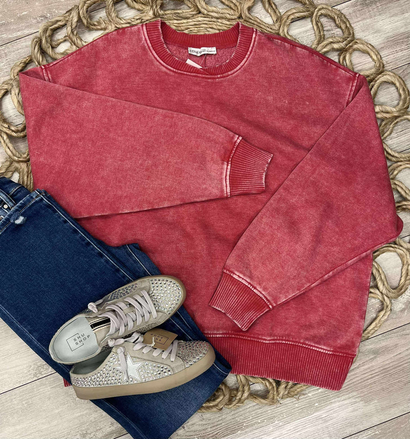 Zenana Acid Wash Oversized Fleece Pullover Sweater Dark Red Basic