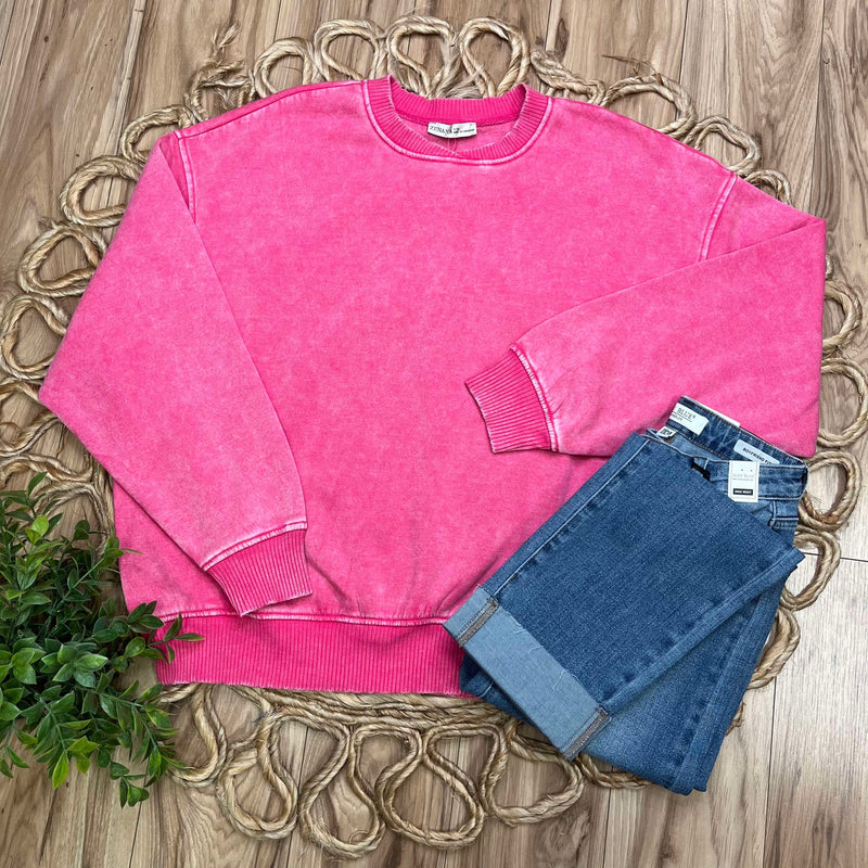 Zenana Acid Wash Oversized Fleece Pullover Sweater  Hot Pink Basic