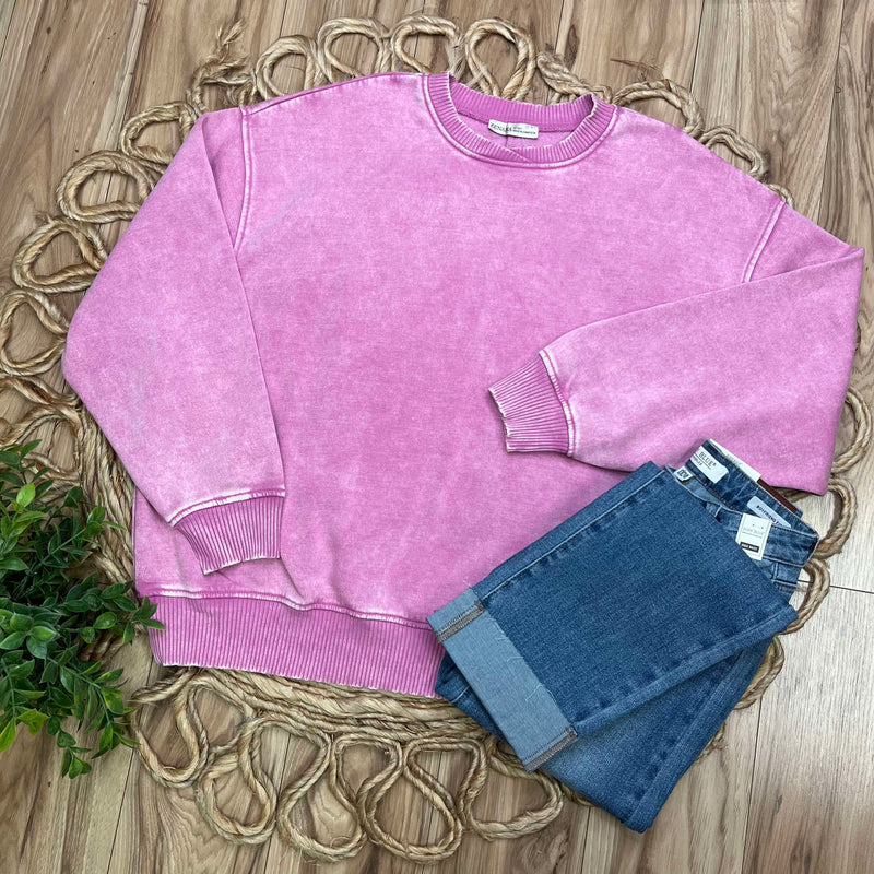 Zenana Acid Wash Oversized Fleece Pullover Sweater Mauve Basic