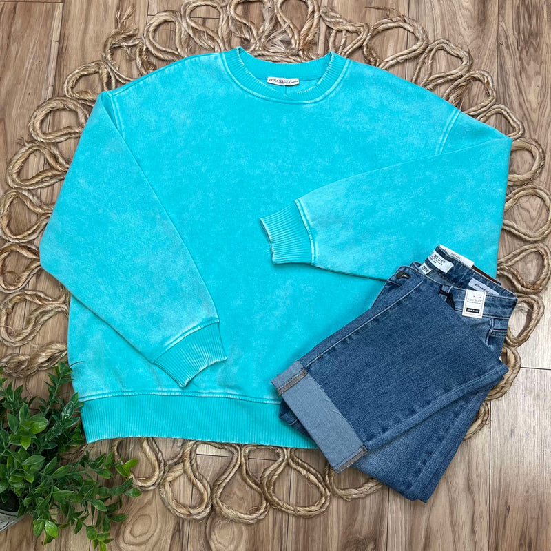 Zenana Acid Wash Oversized Fleece Pullover Mint Sweater Basic