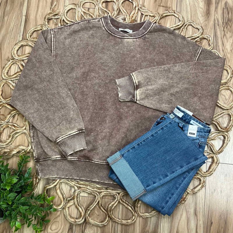 Zenana Acid Wash Oversized Fleece Pullover Mocha Sweater Basic