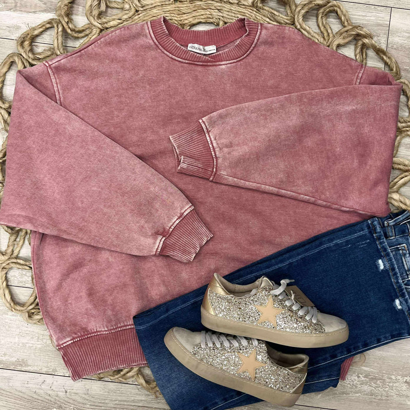 Zenana Acid Wash Oversized Fleece Pullover Sweater  Rose Basic
