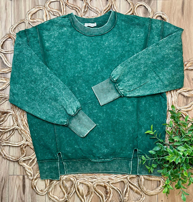 Zenana Acid Wash Terry Exposed Seam Sweat Shirt Dark Green