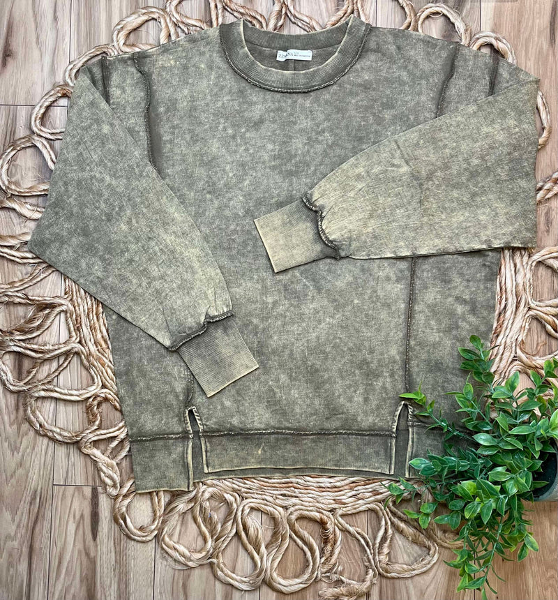 Zenana Acid Wash Terry Exposed Seam Sweater Mocha Pullover