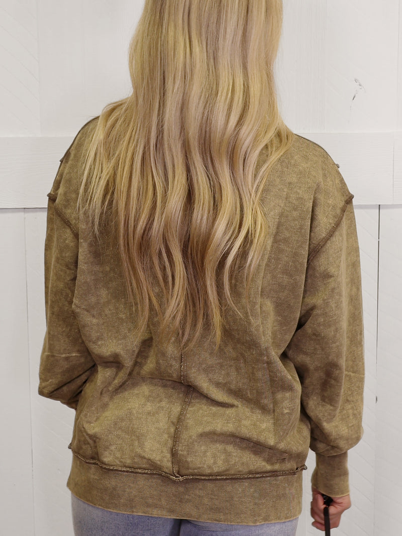 Zenana Acid Wash Terry Exposed Seam Sweater Mocha Pullover