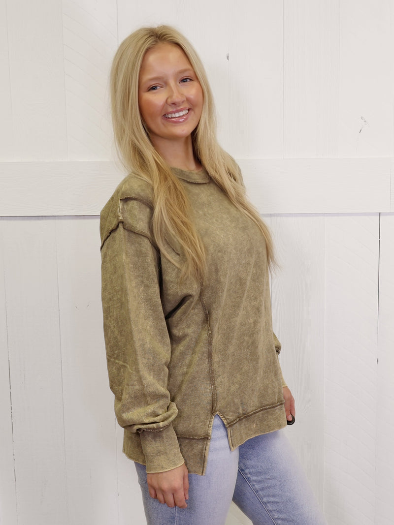Zenana Acid Wash Terry Exposed Seam Sweater Mocha Pullover