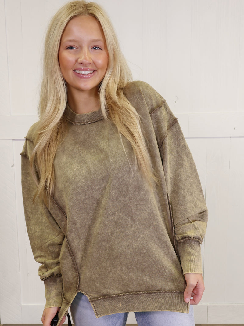 Zenana Acid Wash Terry Exposed Seam Sweater Mocha Pullover