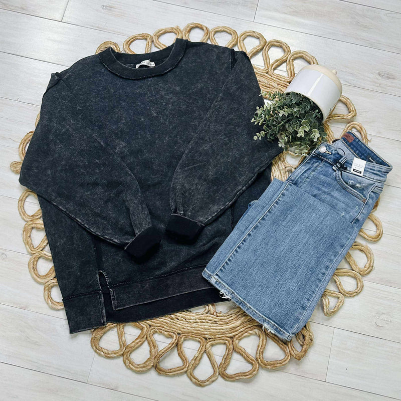 Zenana Acid Wash Terry Exposed Seam Sweater Pullover Ash Black