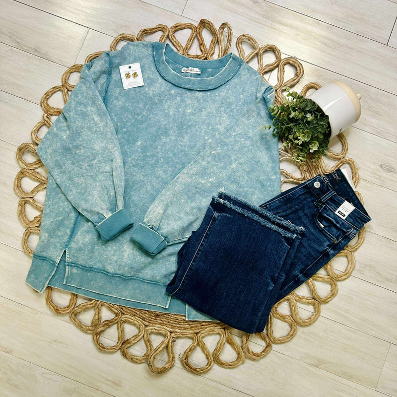 Zenana Acid Wash Terry Exposed Seam Sweater Pullover Ash Blue