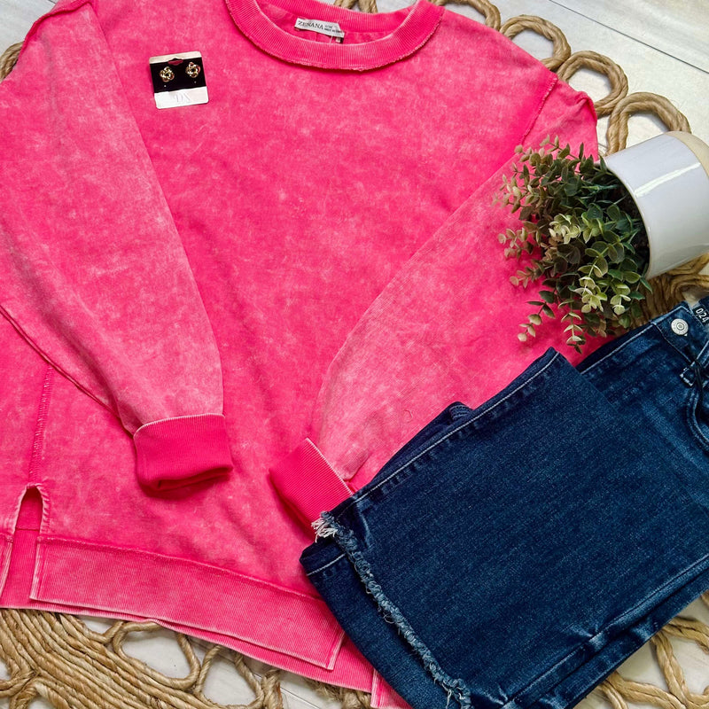 Zenana Acid Wash Terry Exposed Seam Sweater Pullover Fuchsia