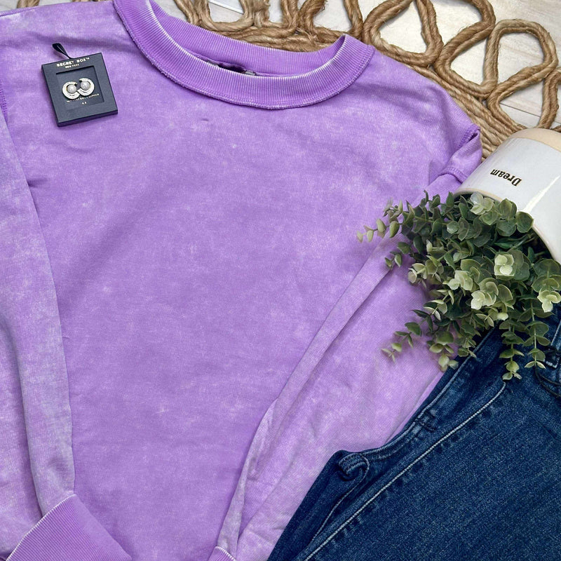 Zenana Acid Wash Terry Exposed Seam Sweater Pullover Lavender