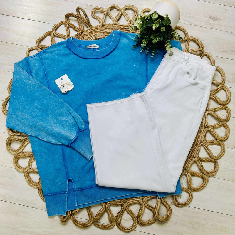 Zenana Acid Wash Terry Exposed Seam Sweater Pullover Sky Blue