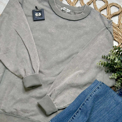 Zenana Acid Wash Terry Exposed Seam Sweater Pullover Sleet Grey